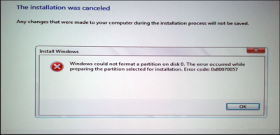 Код ошибки 0х80070057 при установке Windows 10