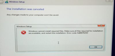 8007025d ошибка при установке Windows 10