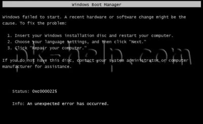 0xc0000225 при загрузке Windows 7
