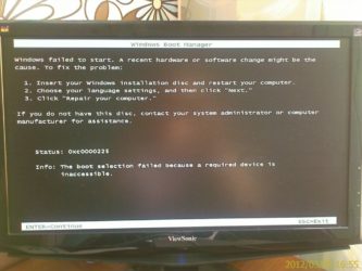 0xc0000225 при загрузке Windows 7